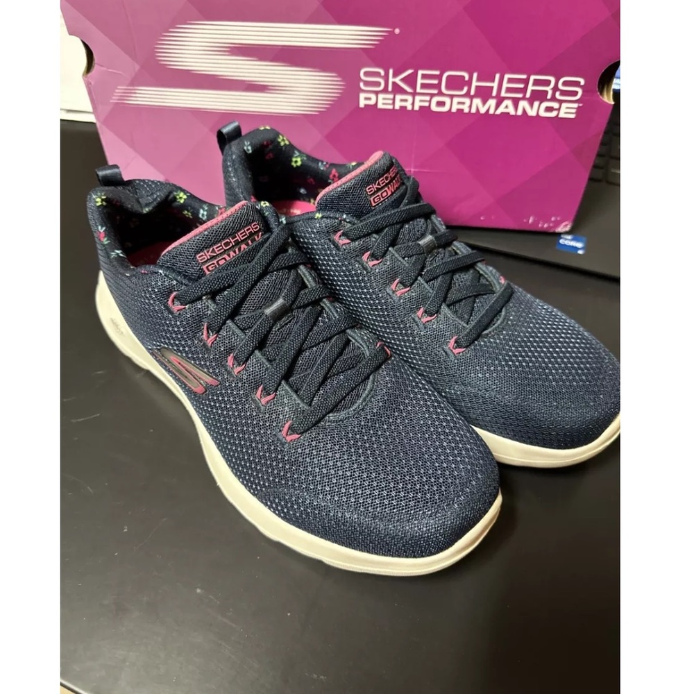 Skechers Navy Blue Athletic Slip-On Sneakers with Pink Accents